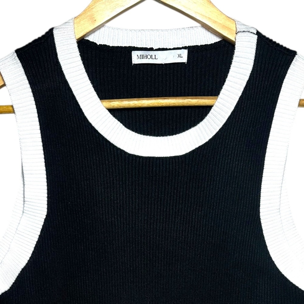 MIHOLL Black White Striped Trim Ribbed Knit Crop Tank Top‎ Womens XL - Picture 3 of 6